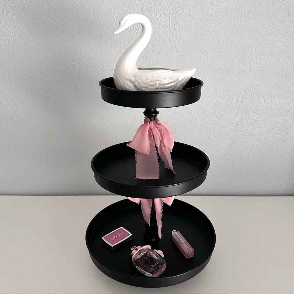 Black Three-Tiered Stand with Pink Silk Bow Accents